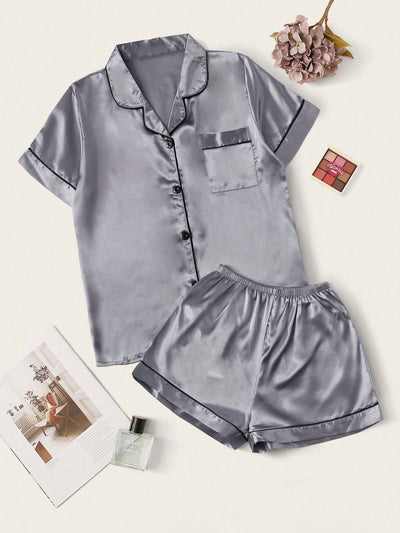 Pyjama-Set aus Satin mit Kontrastpaspeln | Livia