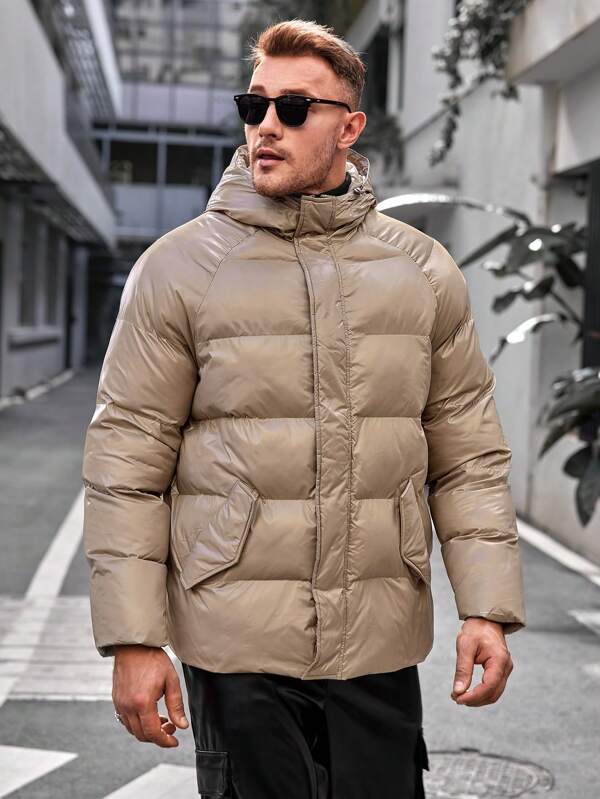 Taupefarbene Winter-Pufferjacke für Herren mit Kapuze | Jäger