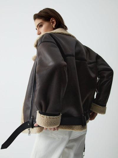 Klassische Fliegenjacke aus Shearling-Leder mit Sherpa-Futter für Damen | Amelia