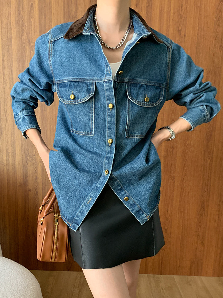 Denim-Polojacke mit kontrastierendem Kragen für Damen | Olivia