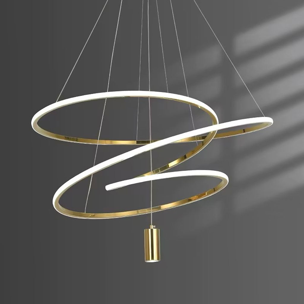 Celestique LED-Kronleuchter – elegante goldene Hängelampe mit unregelmäßigem Orbit-Ring und dimmbarer Beleuchtung