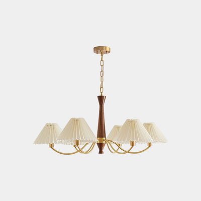 LuxeHarmony Chandelier in Japandi Style with Brass, Walnut Wood, and Pleated Fabric Shade