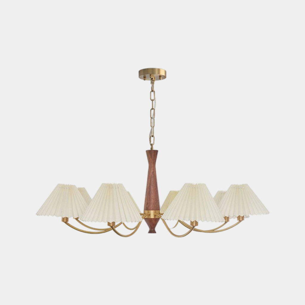 LuxeHarmony Chandelier in Japandi Style with Brass, Walnut Wood, and Pleated Fabric Shade