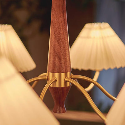 LuxeHarmony Chandelier in Japandi Style with Brass, Walnut Wood, and Pleated Fabric Shade