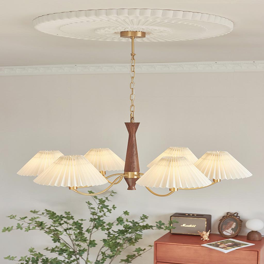 LuxeHarmony Chandelier in Japandi Style with Brass, Walnut Wood, and Pleated Fabric Shade