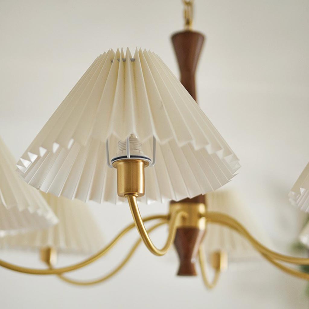 LuxeHarmony Chandelier in Japandi Style with Brass, Walnut Wood, and Pleated Fabric Shade