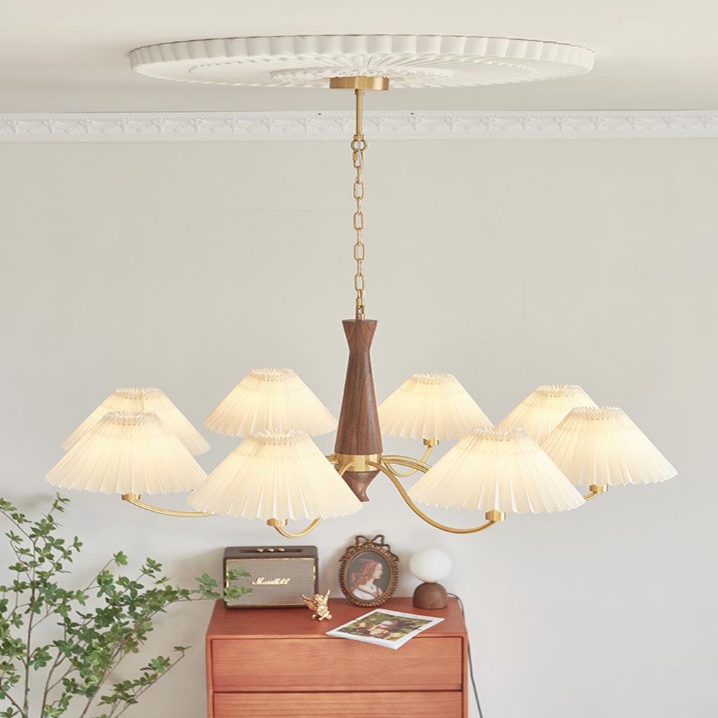 LuxeHarmony Chandelier in Japandi Style with Brass, Walnut Wood, and Pleated Fabric Shade