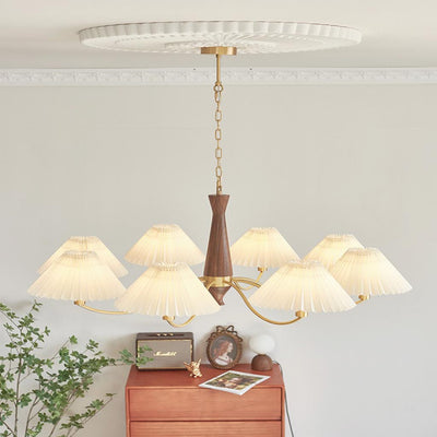 LuxeHarmony Chandelier in Japandi Style with Brass, Walnut Wood, and Pleated Fabric Shade