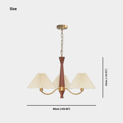 LuxeHarmony Chandelier in Japandi Style with Brass, Walnut Wood, and Pleated Fabric Shade