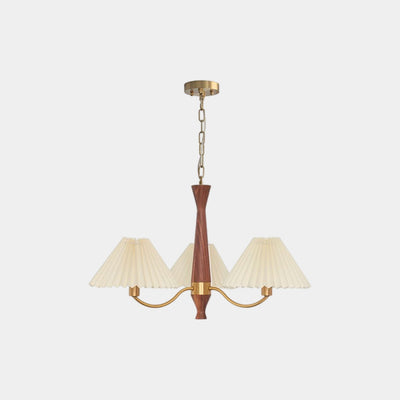 LuxeHarmony Chandelier in Japandi Style with Brass, Walnut Wood, and Pleated Fabric Shade