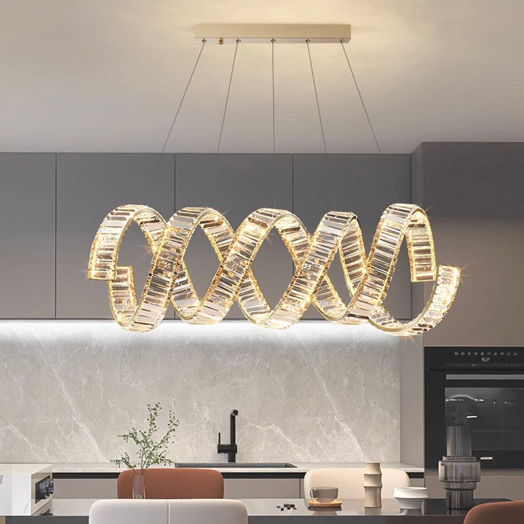 Luxuriöser spiralförmiger LED-Kronleuchter – elegante goldene Kristallbeleuchtung im Einzel- oder Doppelwellen-Design