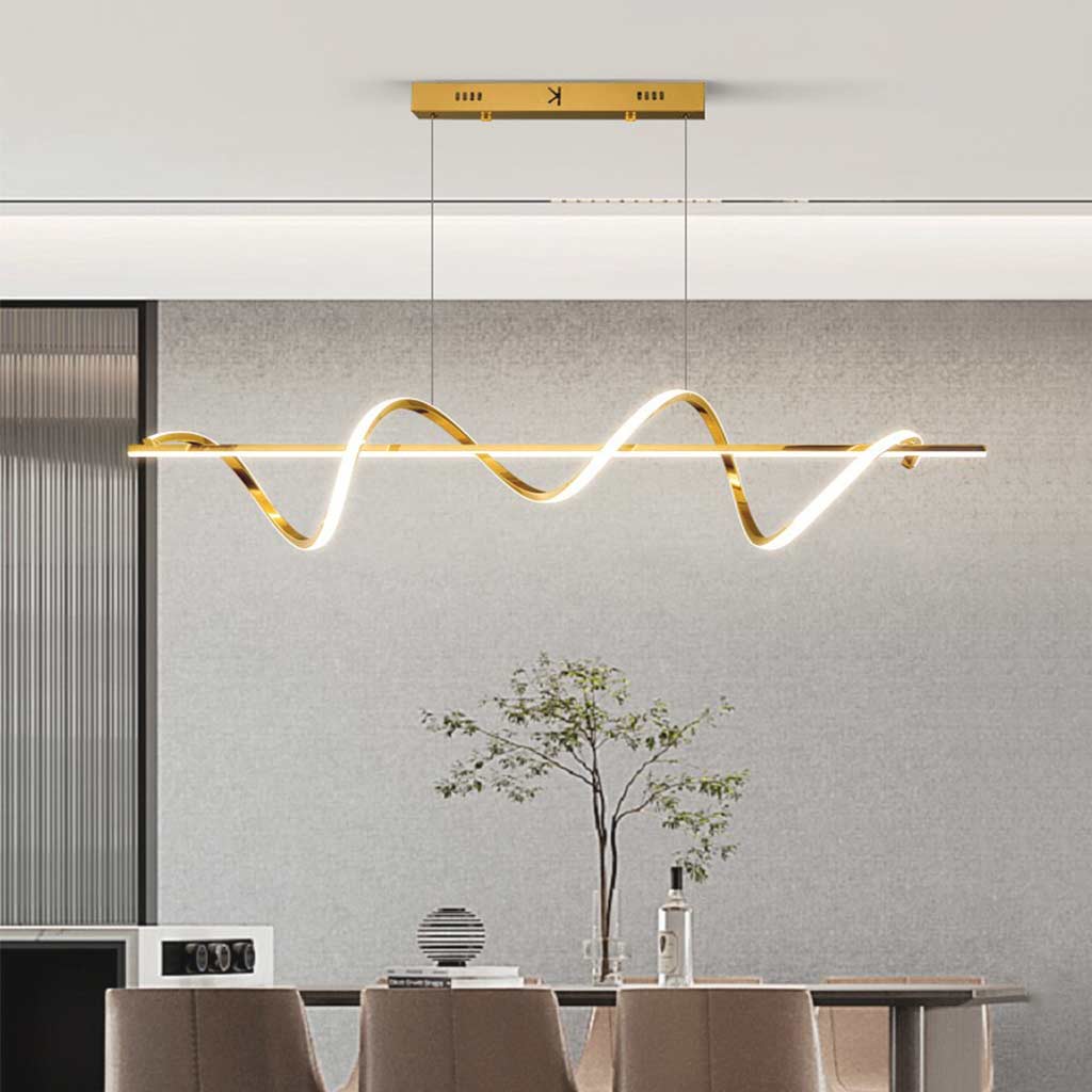 WaveLuxe LED-Kronleuchter – elegante goldene Hängelampe mit gewelltem linearem Design