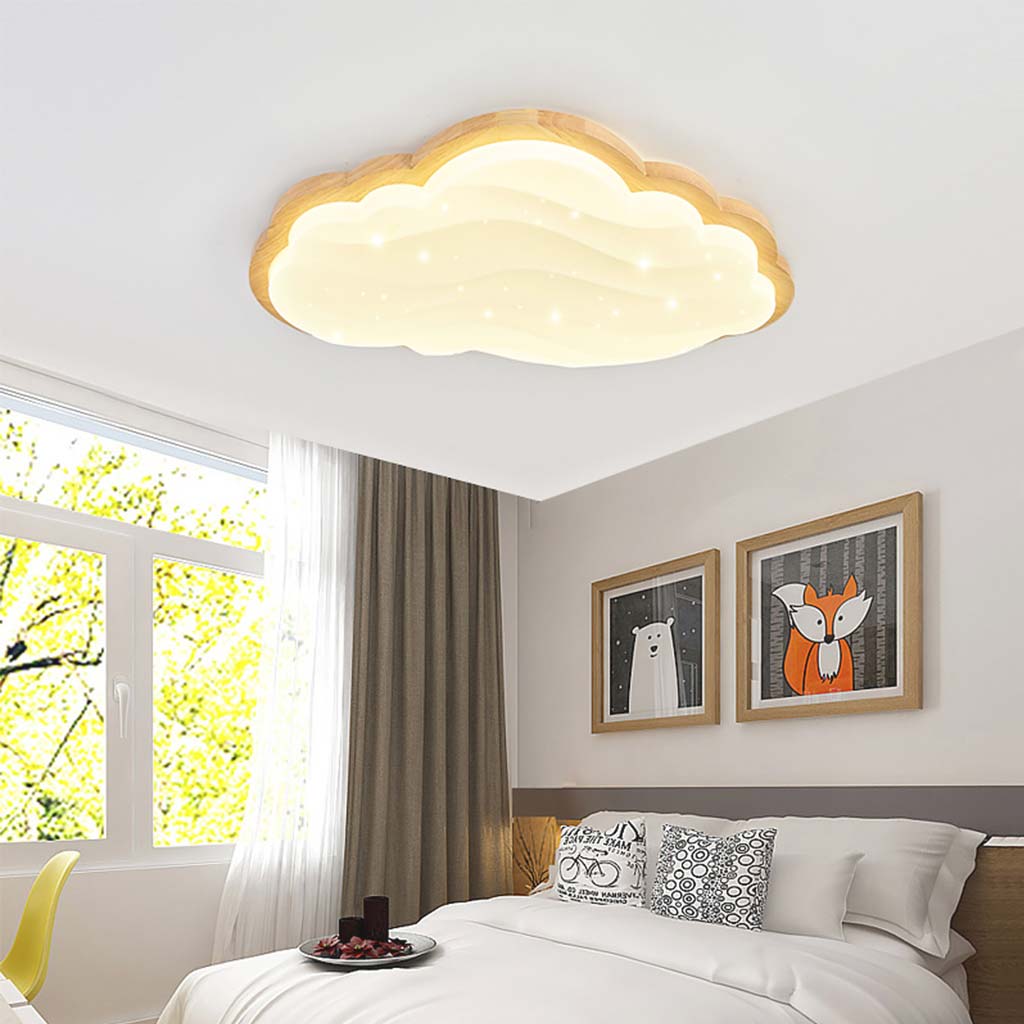 Dreamy Sky Deckenlampe – cremefarbene Wolke und Sternenhimmel für Kinderzimmer, Holz und Acryl