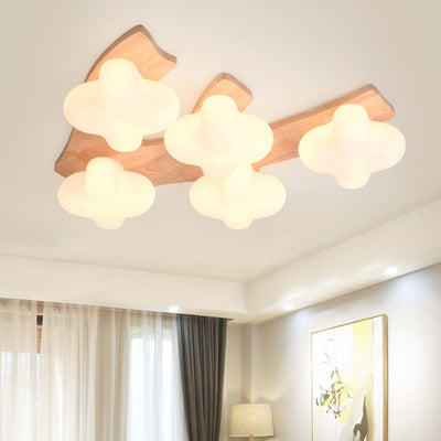 Bloemen Gloed Flush Mount Plafondlamp in Crème met Houten en Glazen Accenten