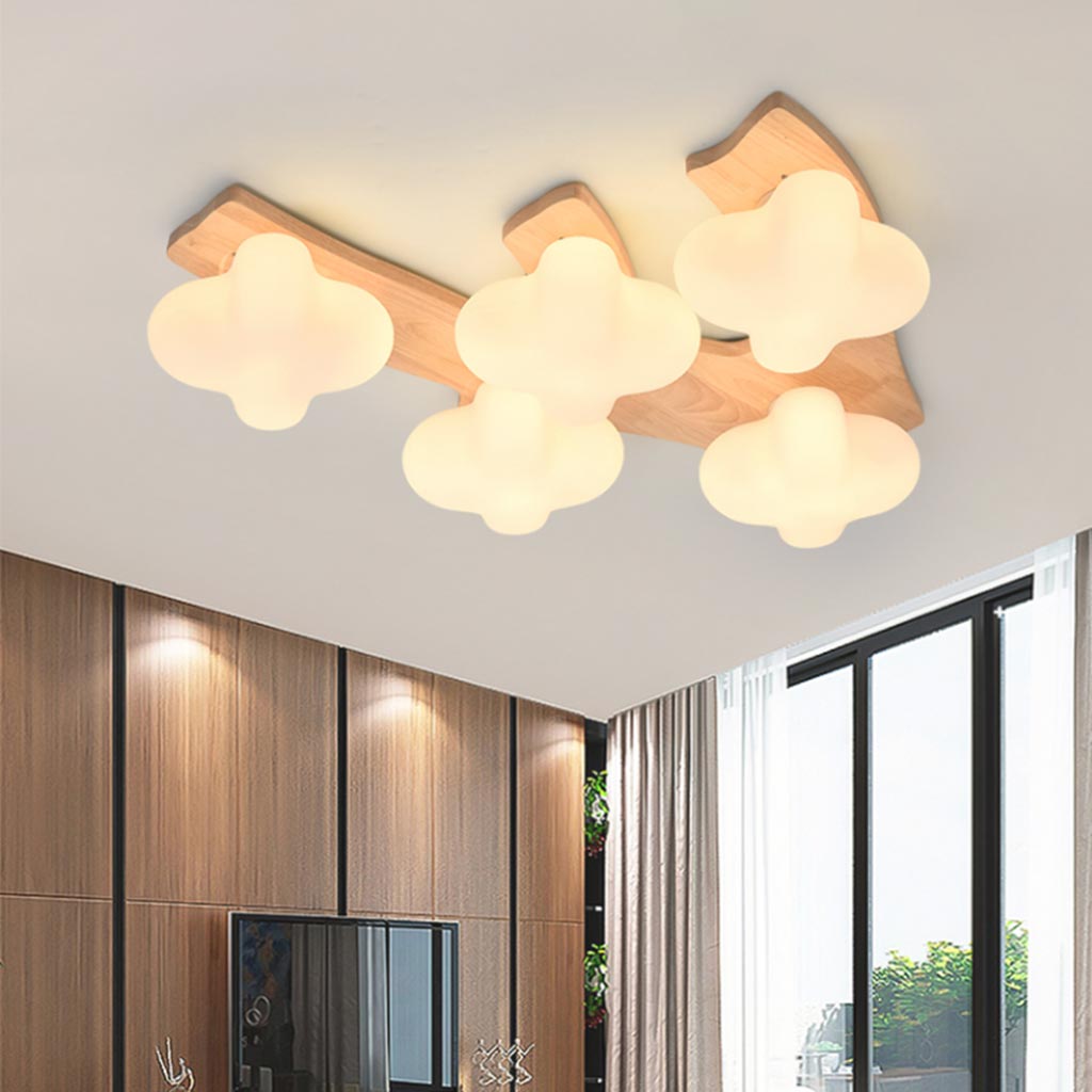 Floral Glow Unterputz-Deckenleuchte in Creme mit Holz- und Glasakzenten