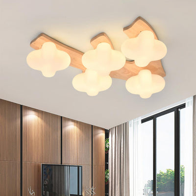 Bloemen Gloed Flush Mount Plafondlamp in Crème met Houten en Glazen Accenten