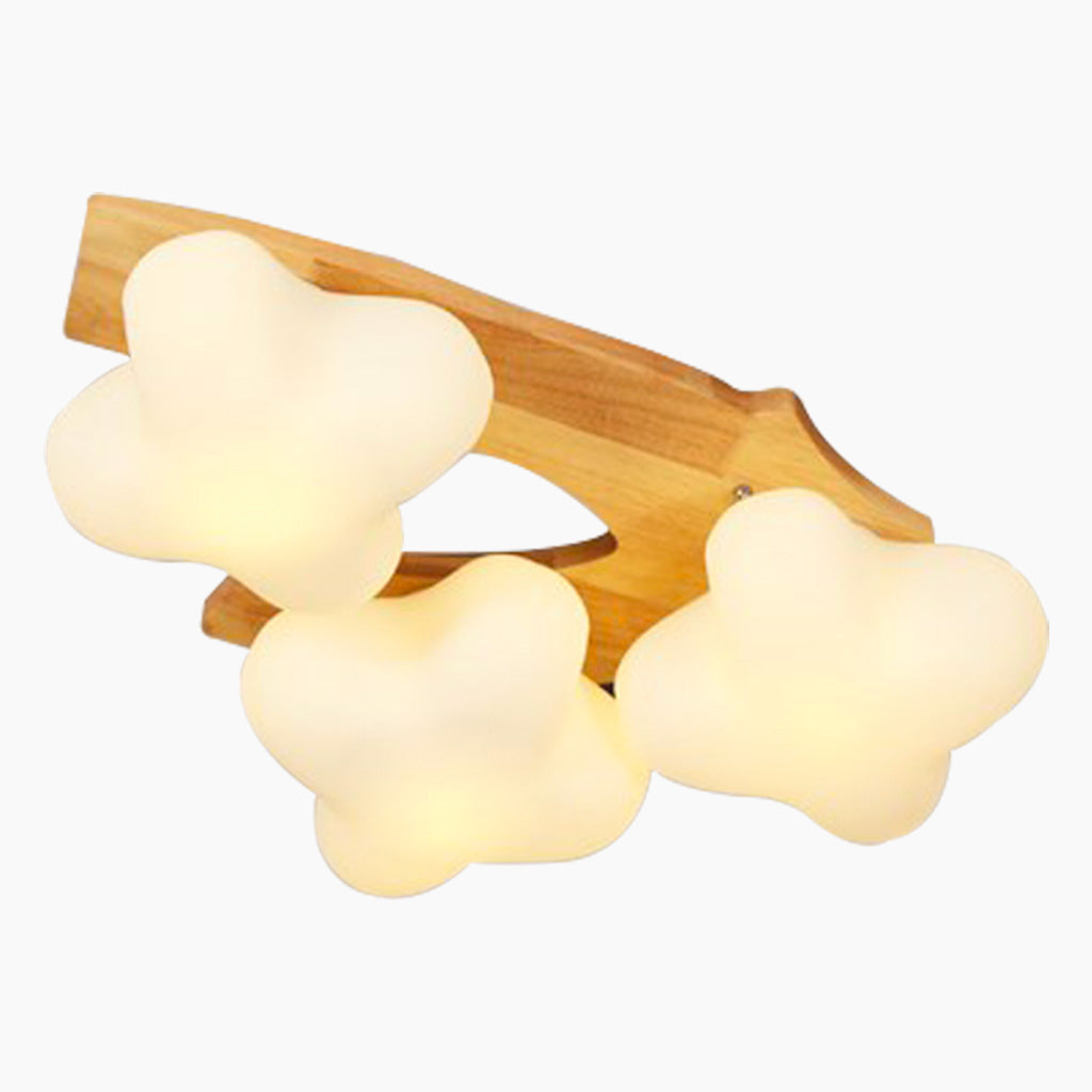 Bloemen Gloed Flush Mount Plafondlamp in Crème met Houten en Glazen Accenten