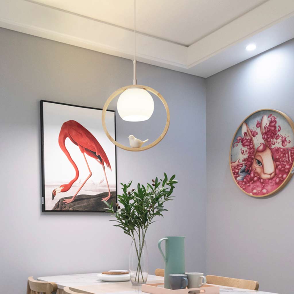 VogelLicht Hanglamp – Moderne Houten Plafondlamp met Glazen Vogel Accent