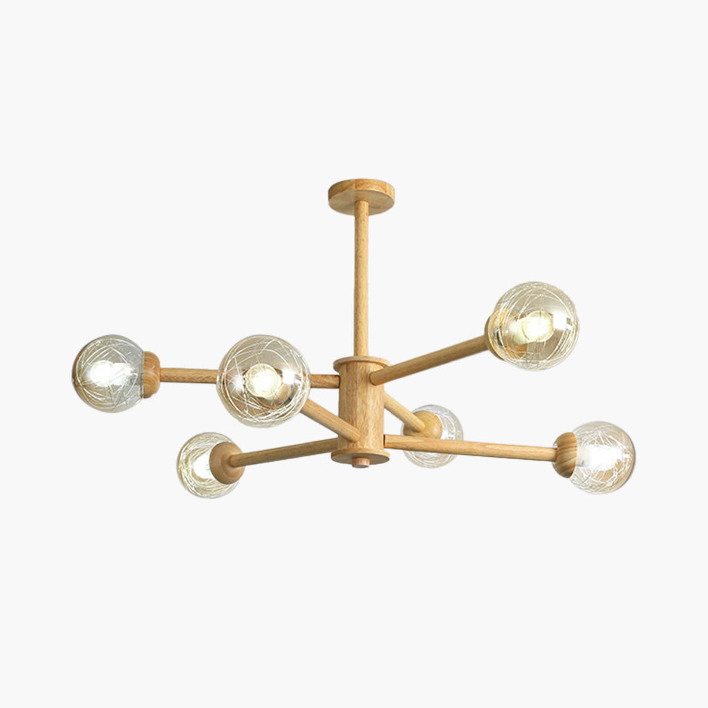 StellarWood – Moderne Houten Semi-Flush Mount Kroonluchter in Sputnik Stijl