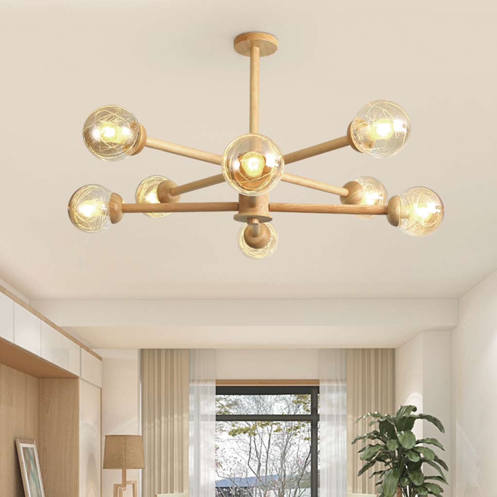 StellarWood – Moderne Houten Semi-Flush Mount Kroonluchter in Sputnik Stijl