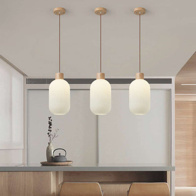 ZenithLicht Pendelleuchte – Japandi-Eleganz aus Holz und Glas für moderne Innenräume