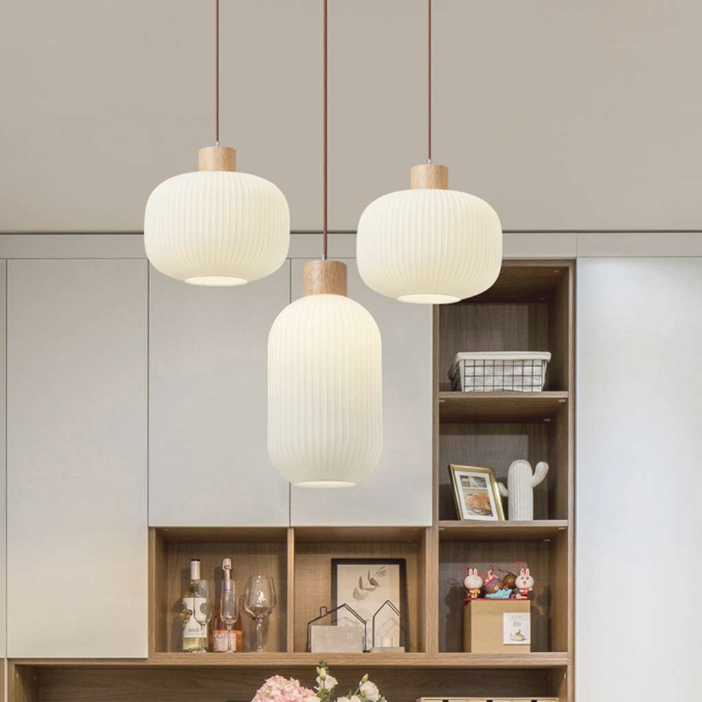 ZenithLicht Pendelleuchte – Japandi-Eleganz aus Holz und Glas für moderne Innenräume