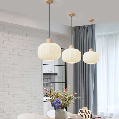 ZenithLicht Hanglamp – Japandi Elegantie in Hout en Glas voor Moderne Interieurs