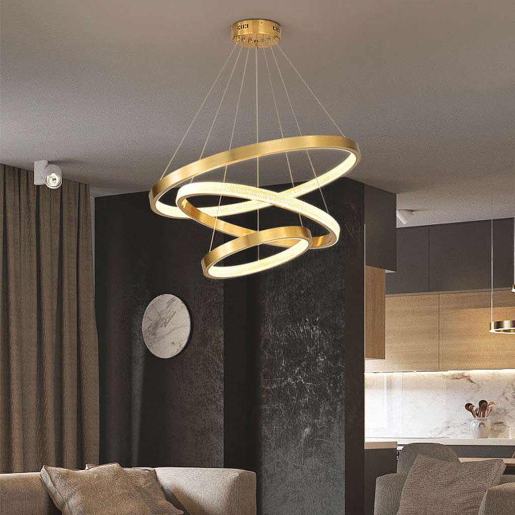 RadiantHalo LED Kroonluchter – Moderne Gouden Multi-Ring Verlichting met Dimbare Functie