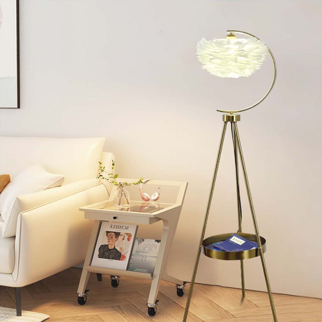 Nordic Elegance Tripod Vloerlamp met Dienblad en Veer Globe Kap