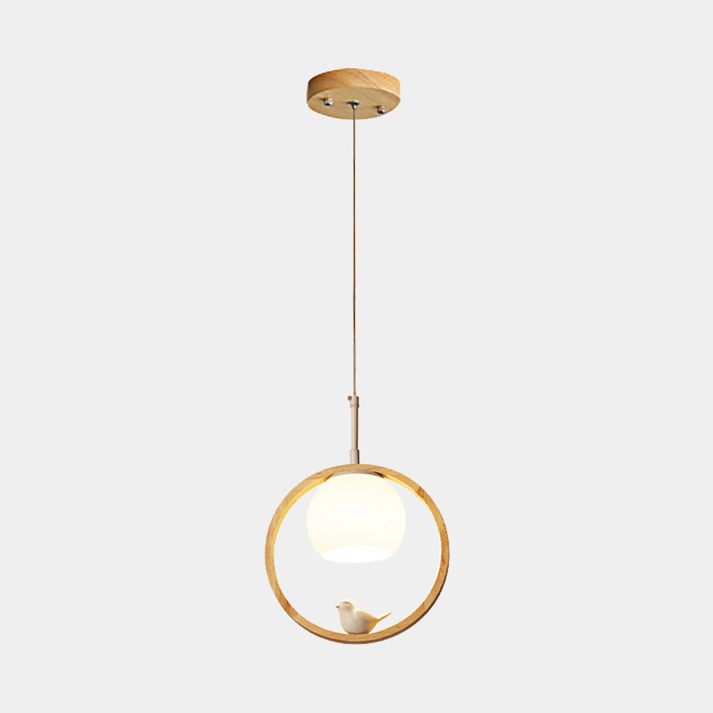 VogelLicht Hanglamp – Moderne Houten Plafondlamp met Glazen Vogel Accent