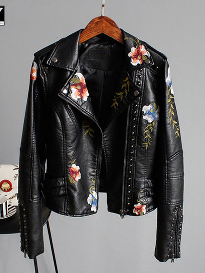 Damen-Lederjacke mit gestickten Blumen | Flora