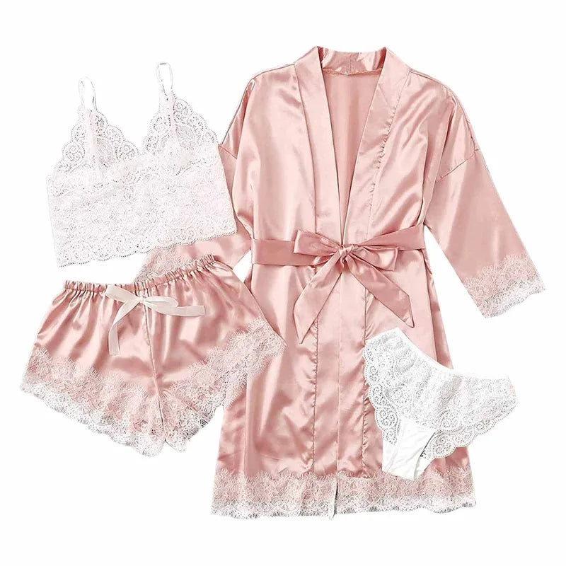 Damen-Pyjama-Set aus Satin-Seide mit Spitze – 4-teilig | Evelina