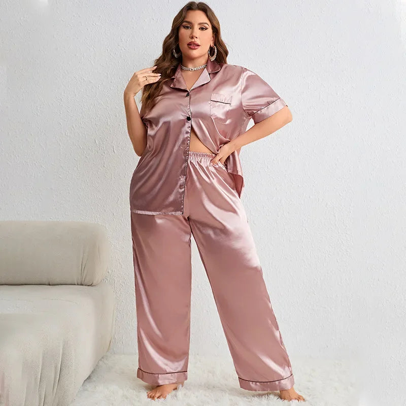 Einfarbiges Pyjama-Set aus Seidensatin in Übergröße für Damen | Isabella