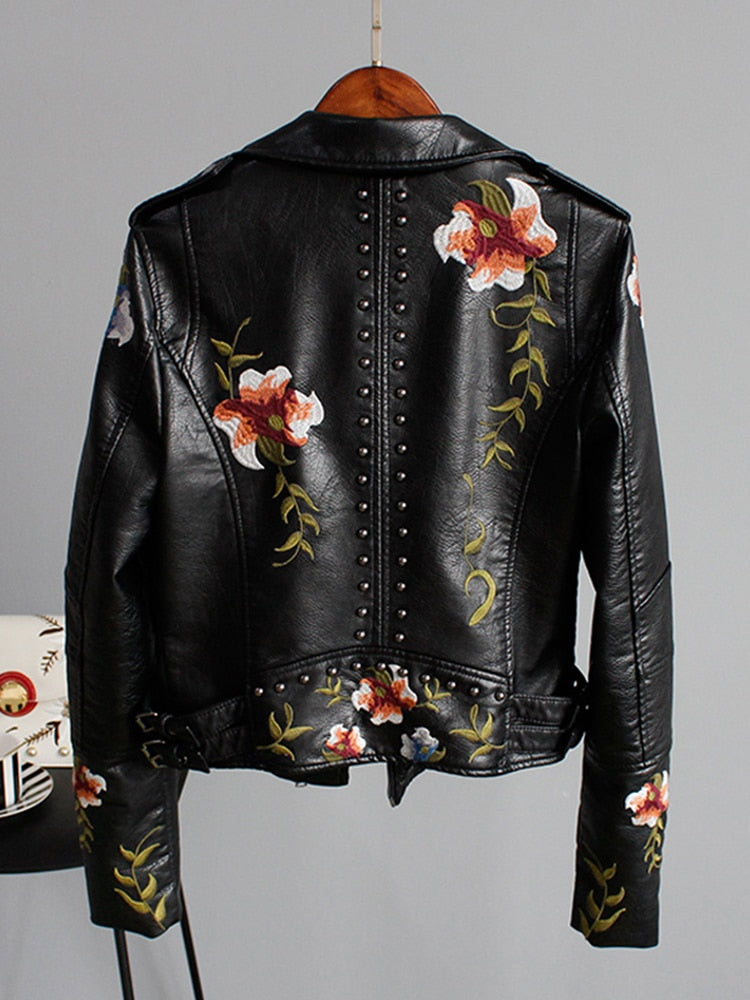 Damen-Lederjacke mit gestickten Blumen | Flora