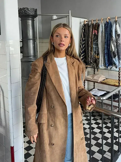 Dames Suède Look Lange Trenchcoat | Isabella