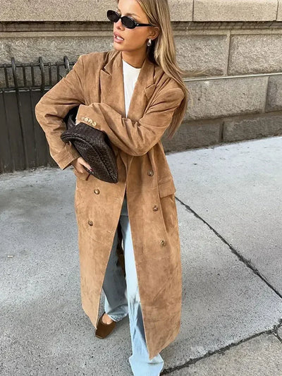 Dames Suède Look Lange Trenchcoat | Isabella