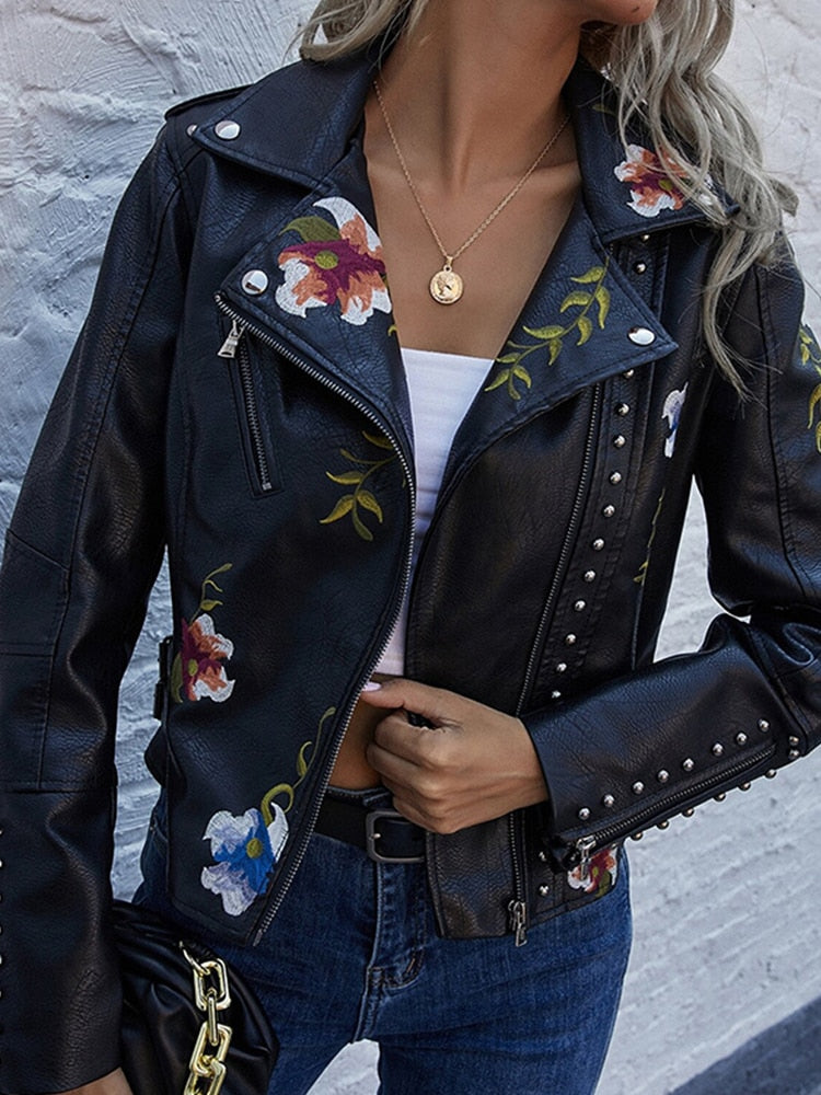 Damen-Lederjacke mit gestickten Blumen | Flora