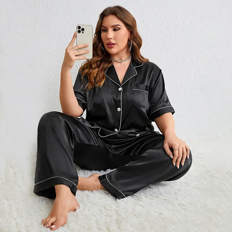 Plus Size Zijdesatijnen Effen Pyjama Set voor Vrouwen | Isabella