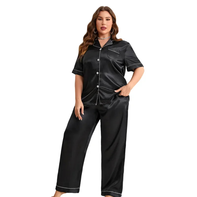 Plus Size Zijdesatijnen Effen Pyjama Set voor Vrouwen | Isabella