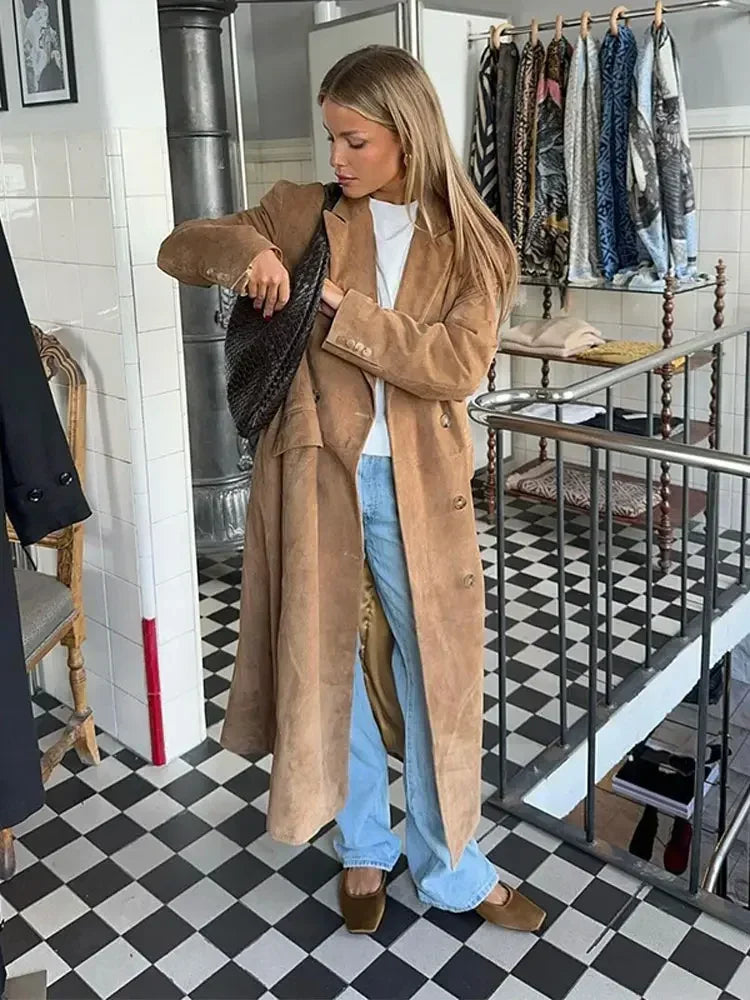 Dames Suède Look Lange Trenchcoat | Isabella