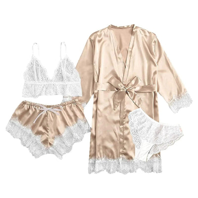 Damen-Pyjama-Set aus Satin-Seide mit Spitze – 4-teilig | Evelina