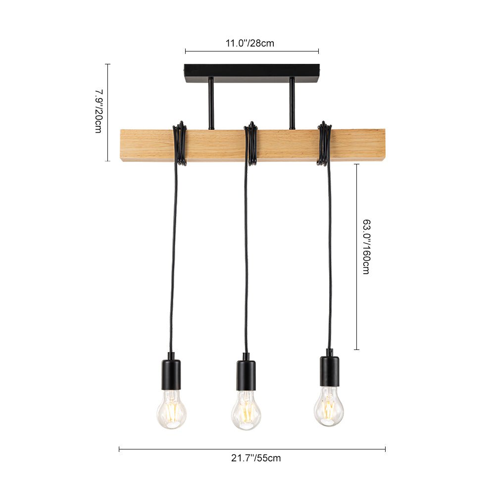 3-Lichts Mat Zwarte Houten Semi Flush Mount Eiland Hanglamp