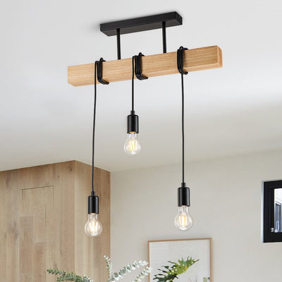 3-Lichter Mattschwarze Holz-Semi-Flush-Mount-Insel-Hängelampe