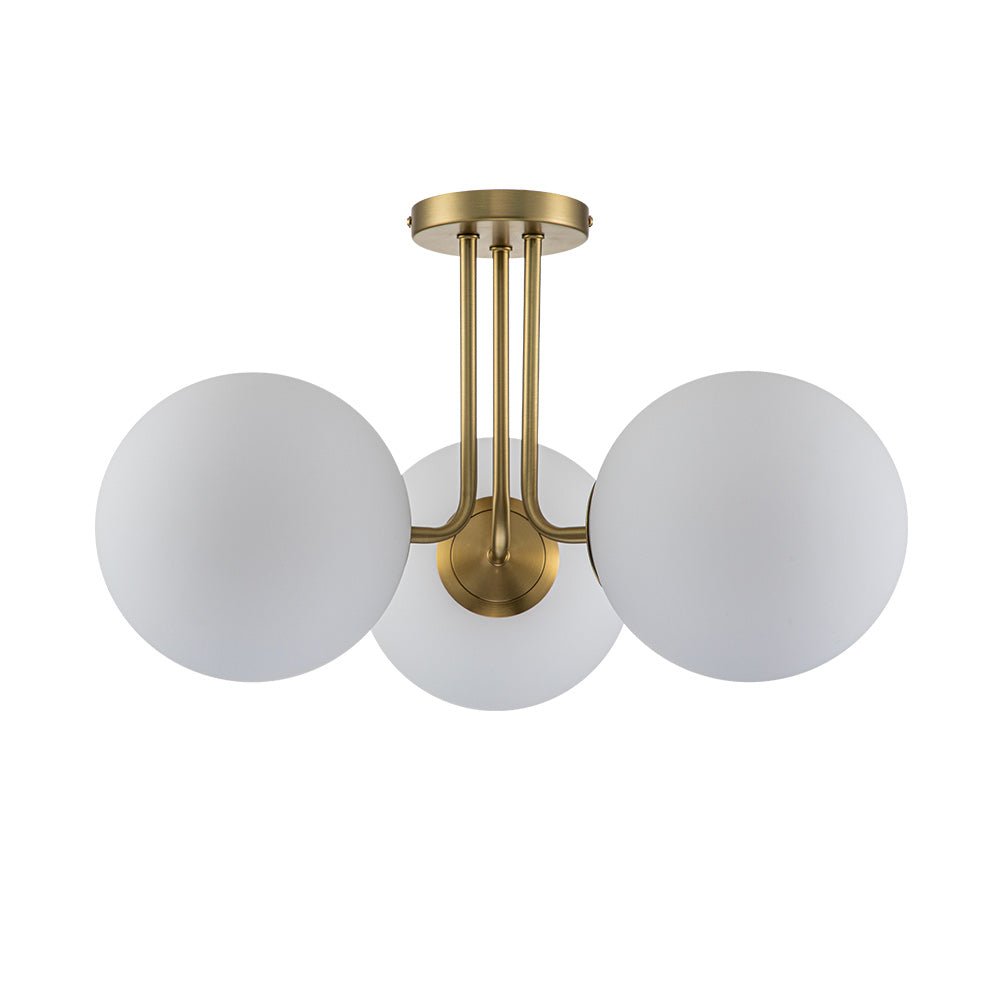 Messing Sputnik Semi Flush Mount met Frosted Opal Globe