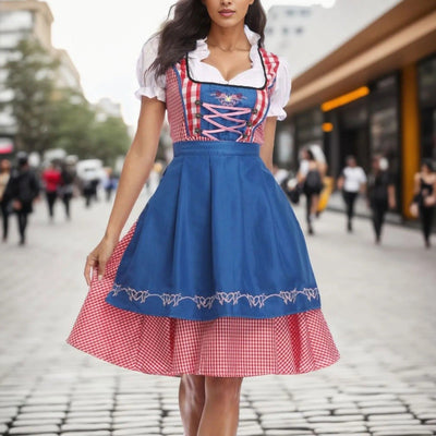 Oktoberfest Dirndl met Geruit Patroon en Korte Mouwen | Heidi